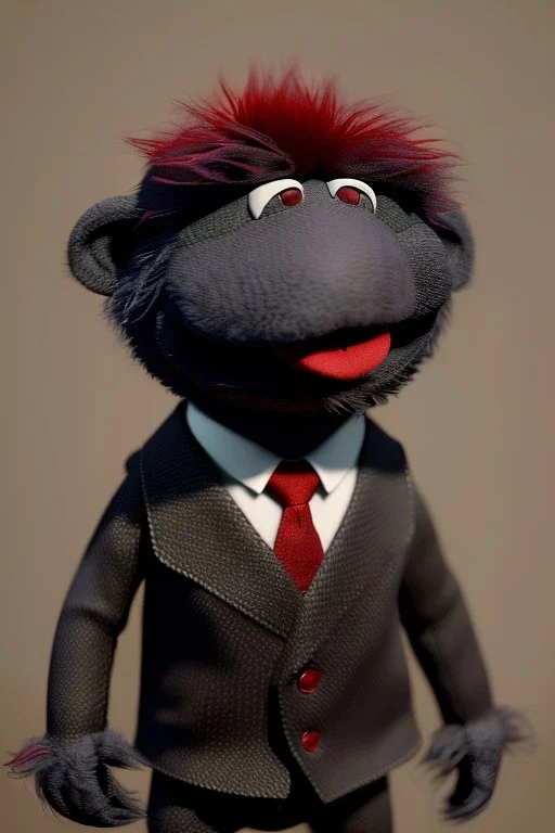 Waist up muppet Portrait, Kim Jong-un muppet doll, black suit, photo studio, red background, unreal engine 5, concept art, art station, god lights, ray tracing, RTX, lumen lighting, ultra detail, volumetric lighting, 3d.