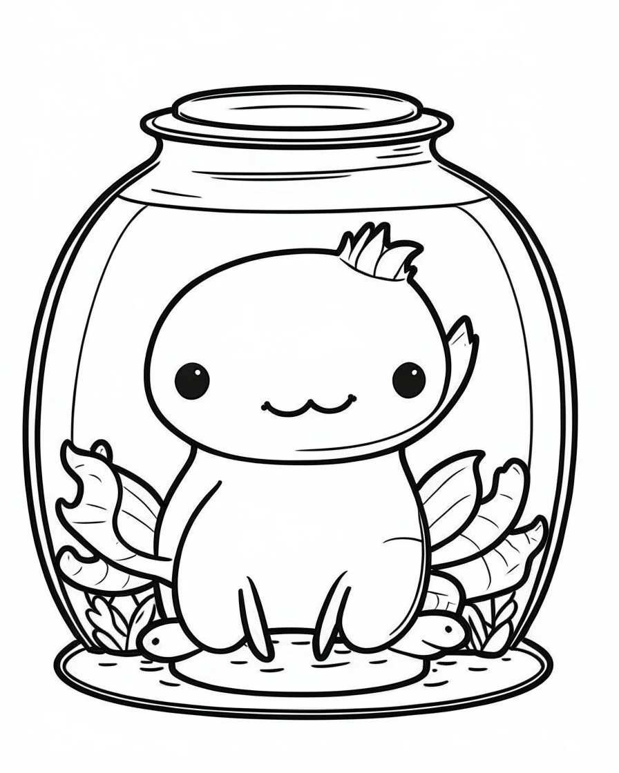 kawaii axolotl in jar minimalistic, line art, background, vector, svg, coloring book page style, black outline on white background