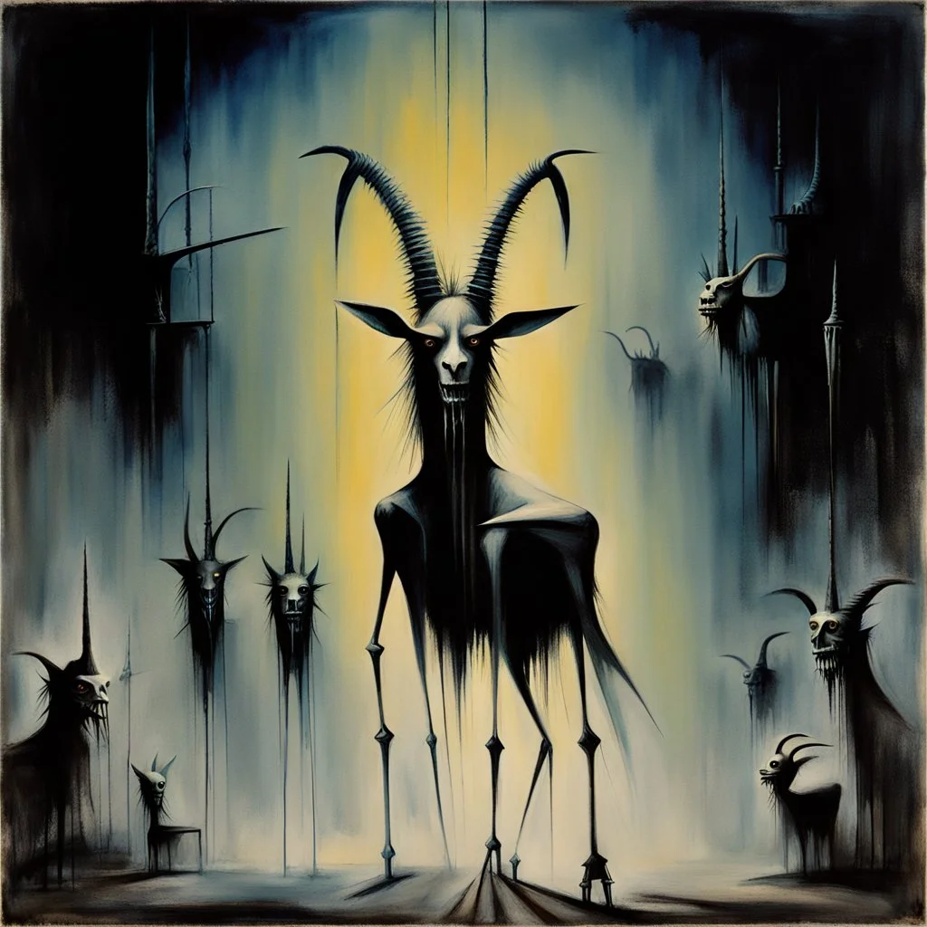 "Skinny Puppy" album cover, spirit Ogre wane goat tell deafen key, by Wilfredo Lam, by Stephen Gammell, weird-core landscape, social critique, sharp strong lines, ominous colors, scary hues, wicked illusions peaking from a dark industrial background, volumetric lighting, pro-animal activism