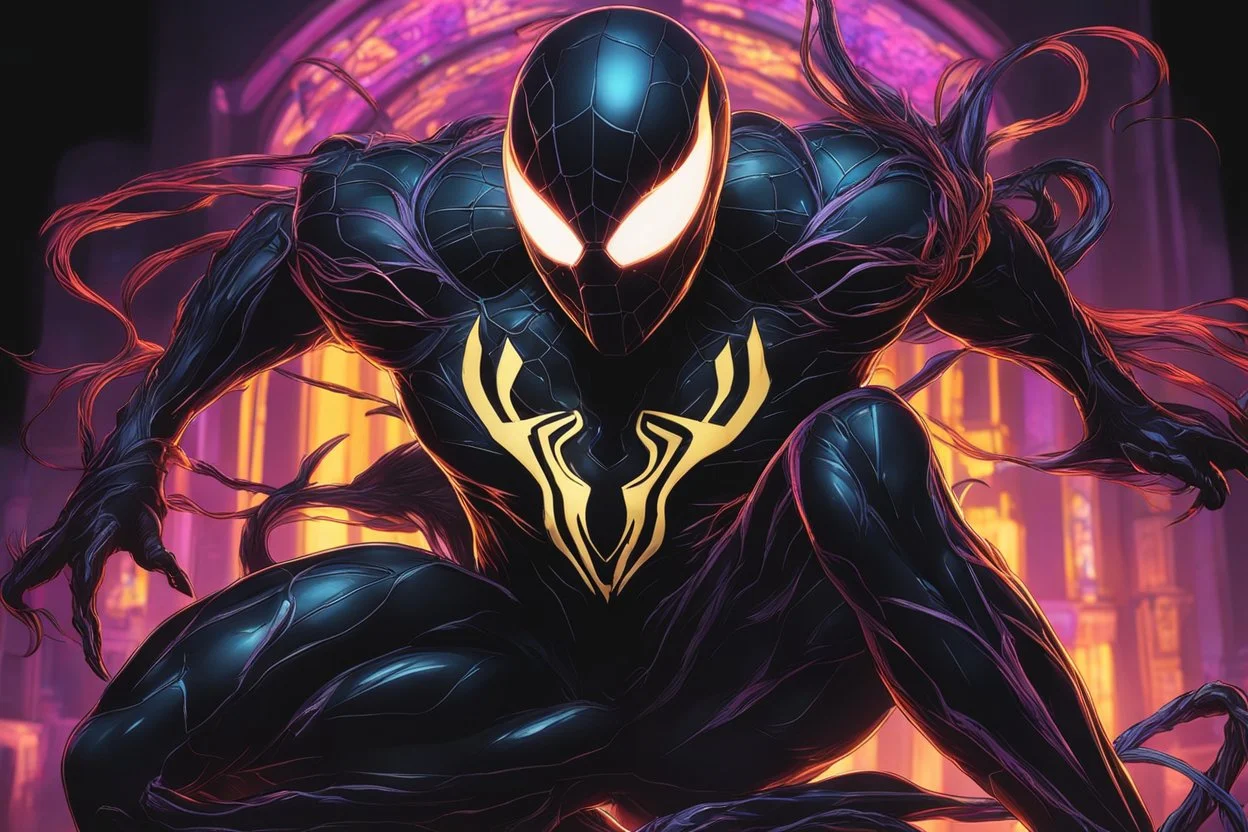 symbiote in 8k solo leveling shadow drawing, Gwen model, neon lights, intricate details, highly detailed, high details, detailed portrait, masterpiece,ultra detailed, ultra quality