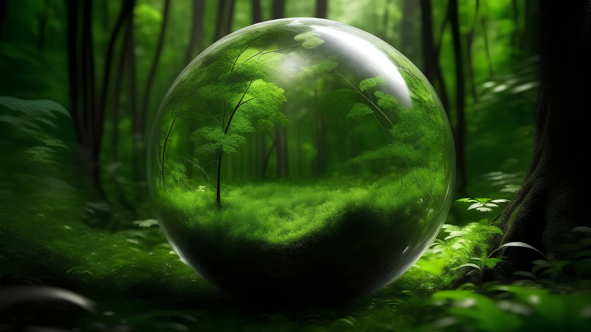 Glass globe encircled by verdant forest flora, symbolizing nature, environment, sustainability, ESG, and climate change awareness, generative ai