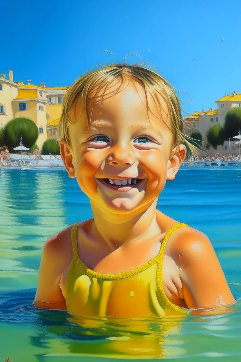 Neoclassicism child swimming in the water painting yellow realistic cote d'azur smiling