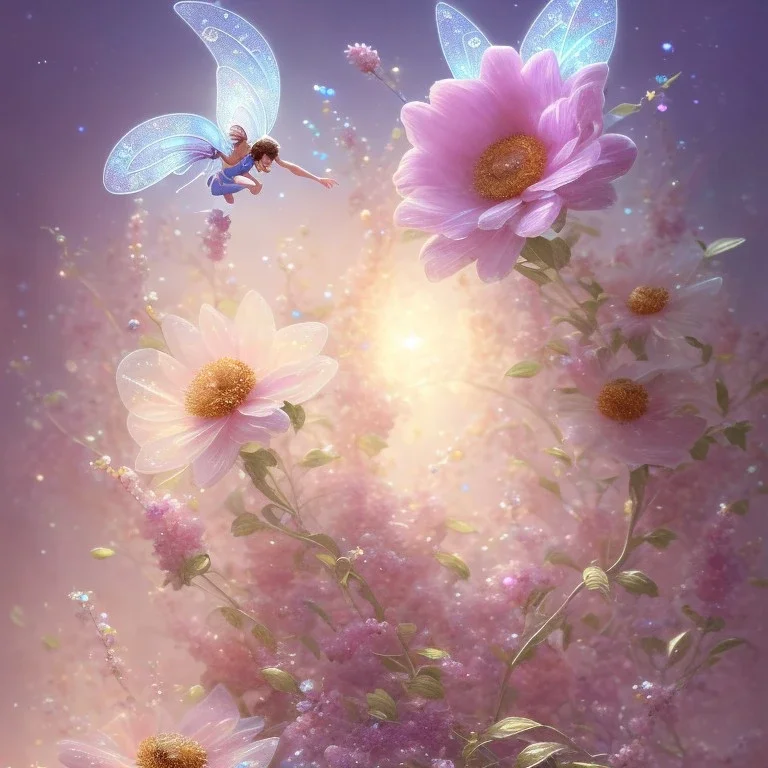 one big crystal subtle flower in a galactic ambiance with a very little beautiful fairy, transparent petals, delicate colors, in the foreground, full of details, smooth, bright sunshine，soft light atmosphere, light effect，vaporwave colorful, concept art, smooth, extremely sharp detail, finely tuned detail, ultra high definition, 8 k, unreal engine 5, ultra sharp focus