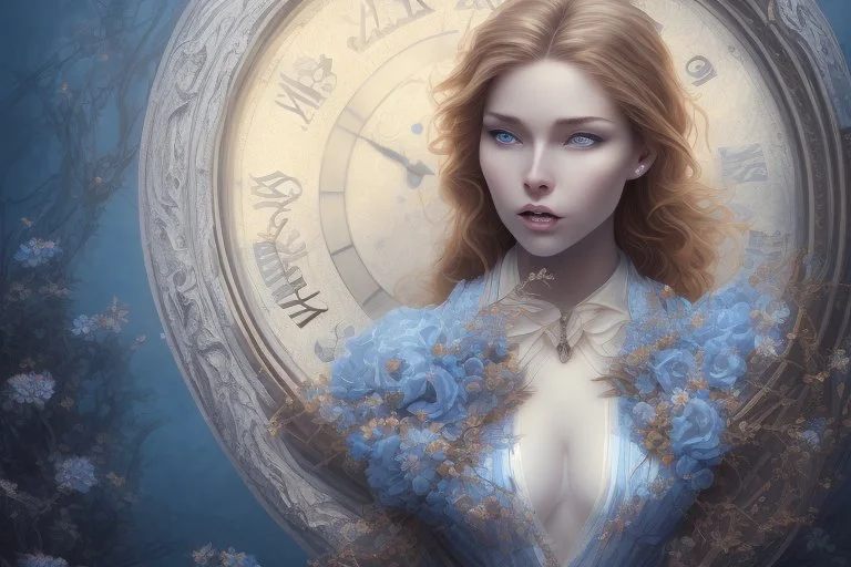 A beautiful light brown-haired, light-skinned woman in an elegant blue suit, graveyard and clocks highly detailed digital painting elegant very attractive beautiful award winning fantastic view crisp quality very cute acrylic art in the sunlight