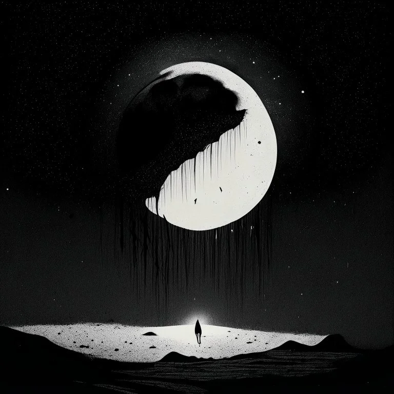 When the moon got too loud, metaphysical regenerative fear eschatology, surreal, moody, sinister, profound, grainy illustration, fantastical, minimalism