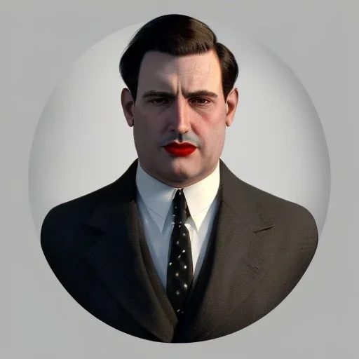 A portrait of a 1930s Italian-American businessman in his late 20s with a black bowler hat and a suit. He is obese