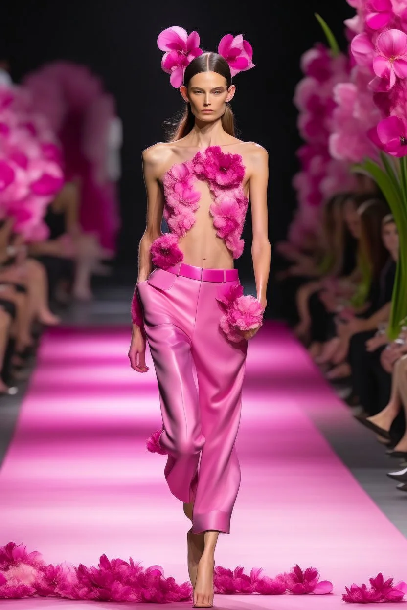 Model in runway with pink orchids like principal elements