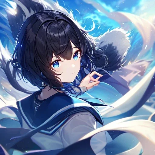 Clear focus,High resolution, Black short fluffy hair, and blue eyes, wearing a sailor uiform, Wind magic