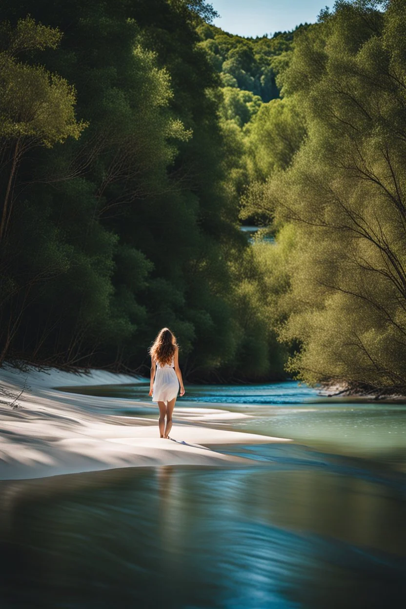 beautiful girl from distant coming toward camera in trees next to wavy river with clear water and nice sands in floor,camera captures her moving full body from her front