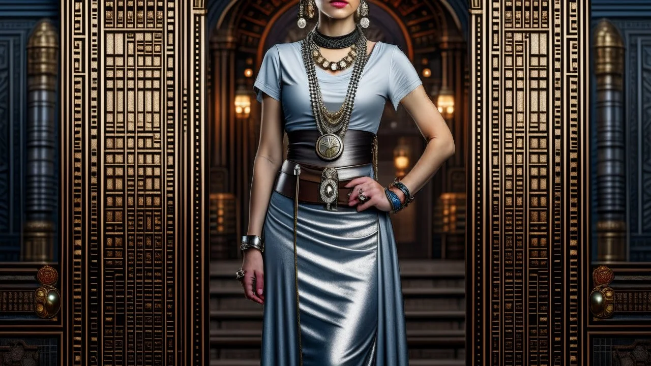 Creation: full body and headshot of a skinny Cleopatra, with a silver bob hairstyle, standing in a steampunk setting.