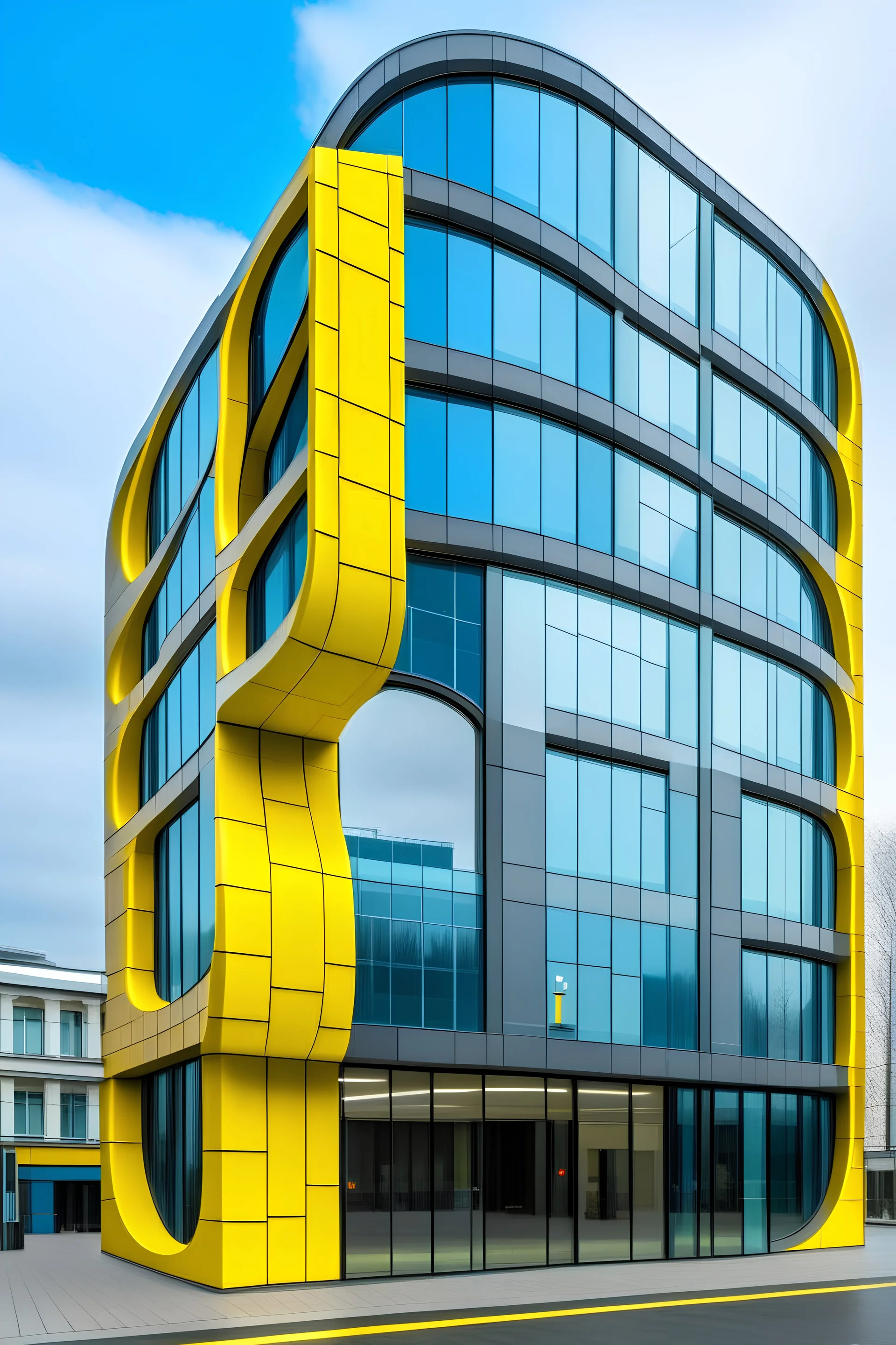 haz un edificio con forma de signo de interrogacion de color amarillo y gris con ventanas de vidri, largo