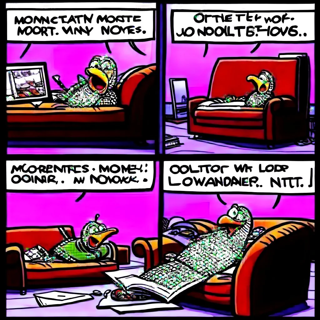 comicbook, 2 panels, bright colors, in the left panel, a fat, bearded man watches the tv, (in the right panel, (side angle view:1.2)of the tv), background is a haunting dimly lit, decrepit room.The atmosphere should be chilling, with shadows and decay adding to the eerie ambiance.