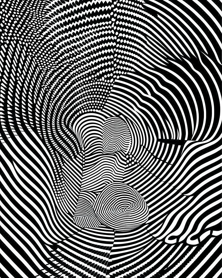 A captivating minimalist drawing of a male hand that skillfully creates a hypnotic optical illusion. The illustration is done in black and white, with clean lines and a modern aesthetic. The optical illusion consists of the repetition of geometric shapes, including circles and lines, which create an optical effect of movement and depth when observed. The background is simple and unpretentious, allowing the attention to stay on the intricate drawing and the fascinating illusion it creates