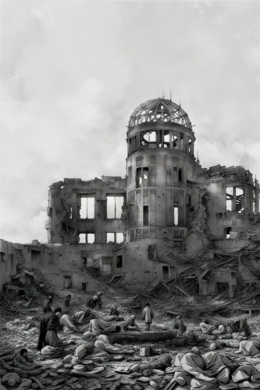 hiroshima dome, manga page, greyscale, line arts