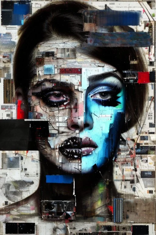 Ultra detailed medium portrait painting of a beautiful abused woman, she is crying and upset, masking tape on her mouth, blue brushed eye, chaos dark background,torn up collage of clippings, broken circuitry background, matrix effects, punk visual art, punk art aesthetic, graffiti art, pop surrealism, collage art, cluttered paint glitches