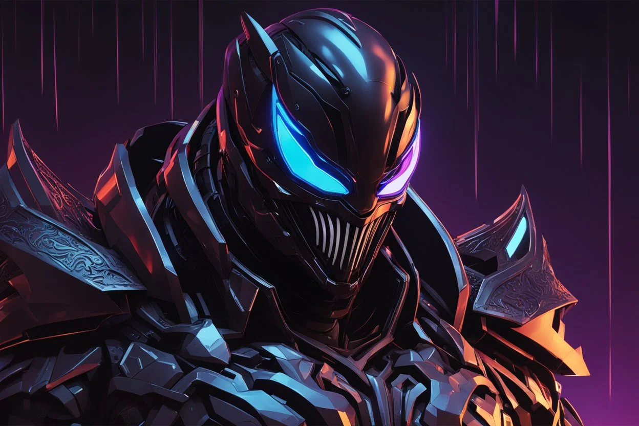 Venom Shredder machine in 8k solo leveling shadow artstyle, sombra them, close picture, rain, Shredder helmet, neon lights, intricate details, highly detailed, high details, detailed portrait, masterpiece,ultra detailed, ultra quality