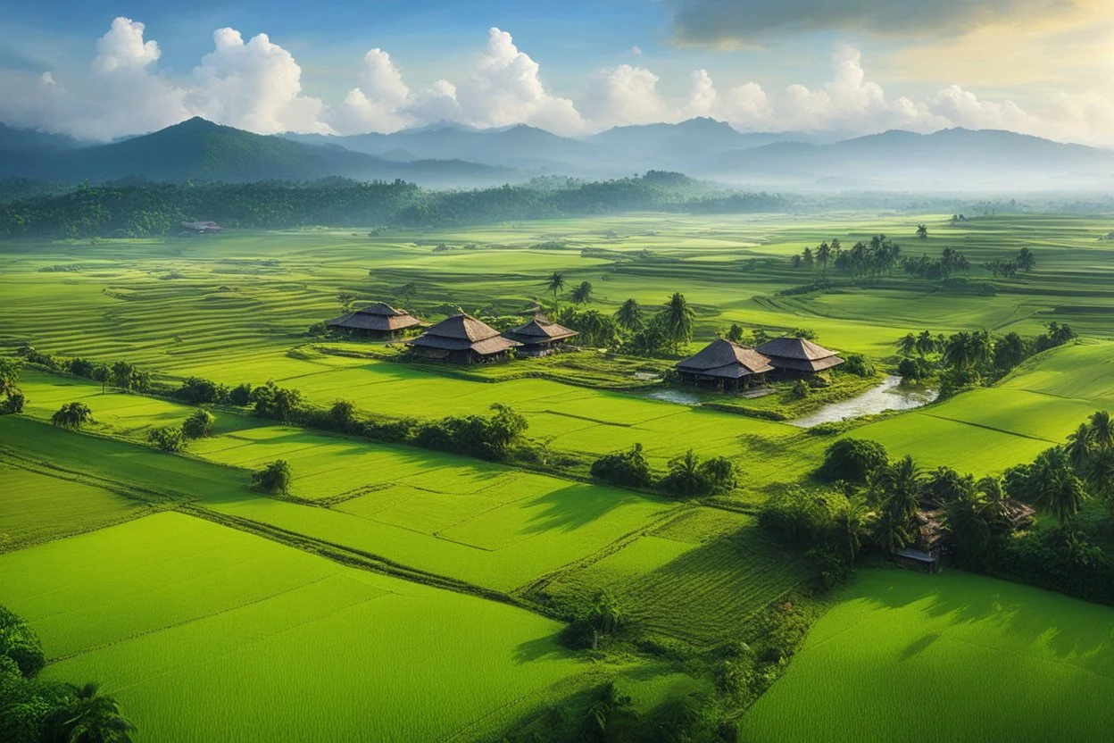 Beautiful Digital Painting art Landscape small villages Indonesia and islamic Mosque,surrounded rice paddy fields, photoshoot fromfar