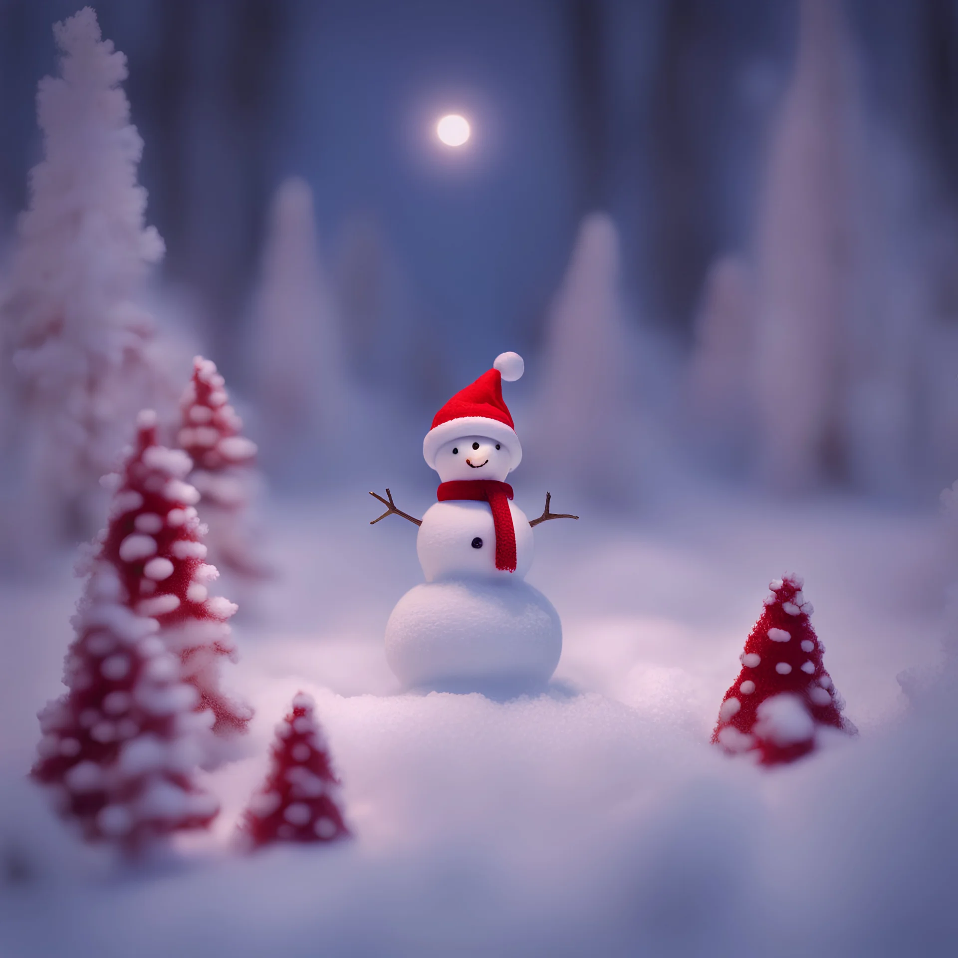 A (((small miniature glowing snowman with red Santa hat on his head and a red scarf and red white coat and pants ))) standing in a ((snowy mushroom garden)), with a (twilight backdrop that limns the surrounding ((huge trees))