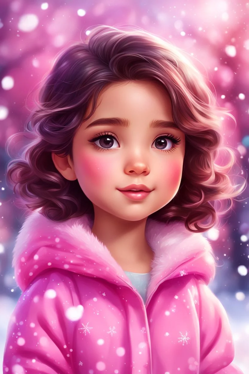 Digital painting of a cute little girl in a stylish pink jacket, front view, cute chibi face, dark wavy hair, hazel eyes, rosy cheeks, pink lips, Disney art, snowfall, colorful bokeh background, digital painting style, High Quality, 4k