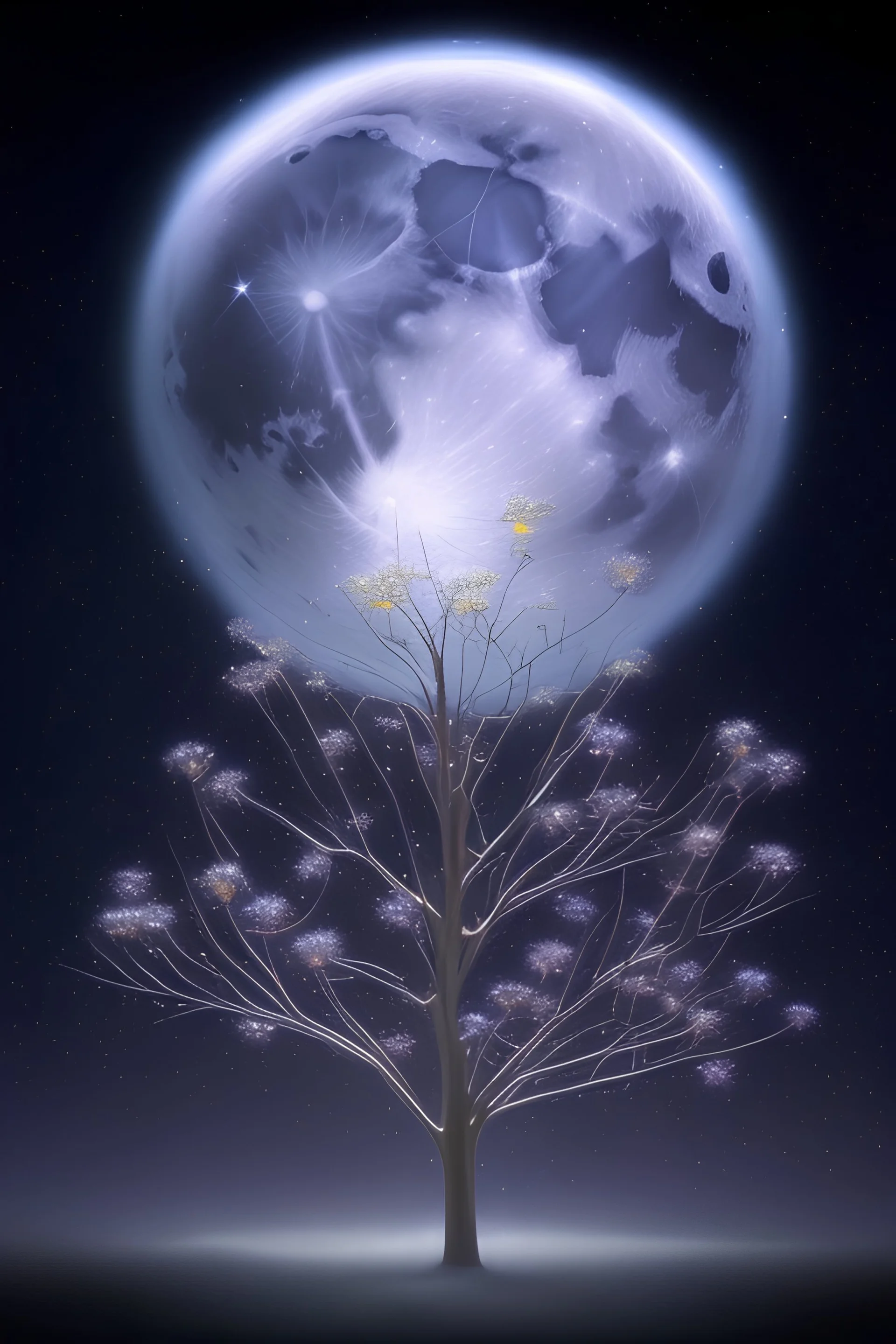 a background of softly blended blues, greys, silvers, purples, and whites with distant, twinkling stars in the sky, an a spherical serene moon, casting a soft glow of light on a foreground of a field of various flowers surrounding a tree of life