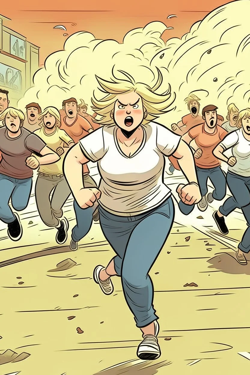 a fat blonde woman running away from an angry mob