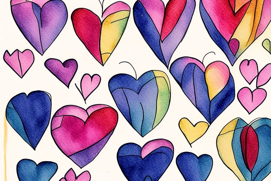 Hearts abstract wet watercolour in the style of Paul klee with thin sketchy pencil lines