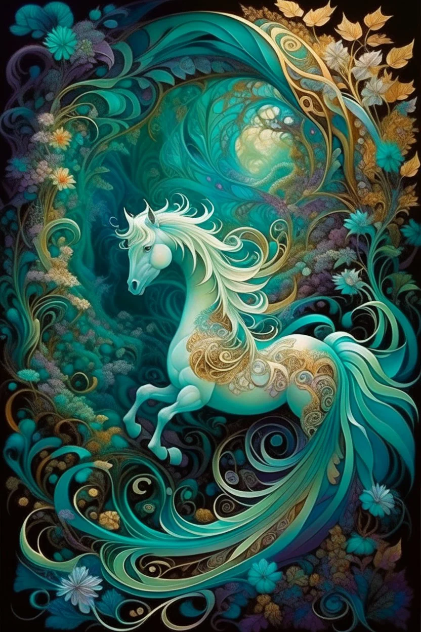 A surreal forest filled with delicate patterns and pearly glow Fantasy. Surrealism. Two wave spirals are intertwined against the background of the forest - satin emerald floral and purple - blue diamond. Delicate patterns and graceful curves fill the space. An opal Arabian steed with a magnificent mane stands in the center of the painting. Gold filigree complements the composition. A gentle glow emanates from pearls and rosehip buds, creating an atmosphere of mystery and mystery. Detailing and p