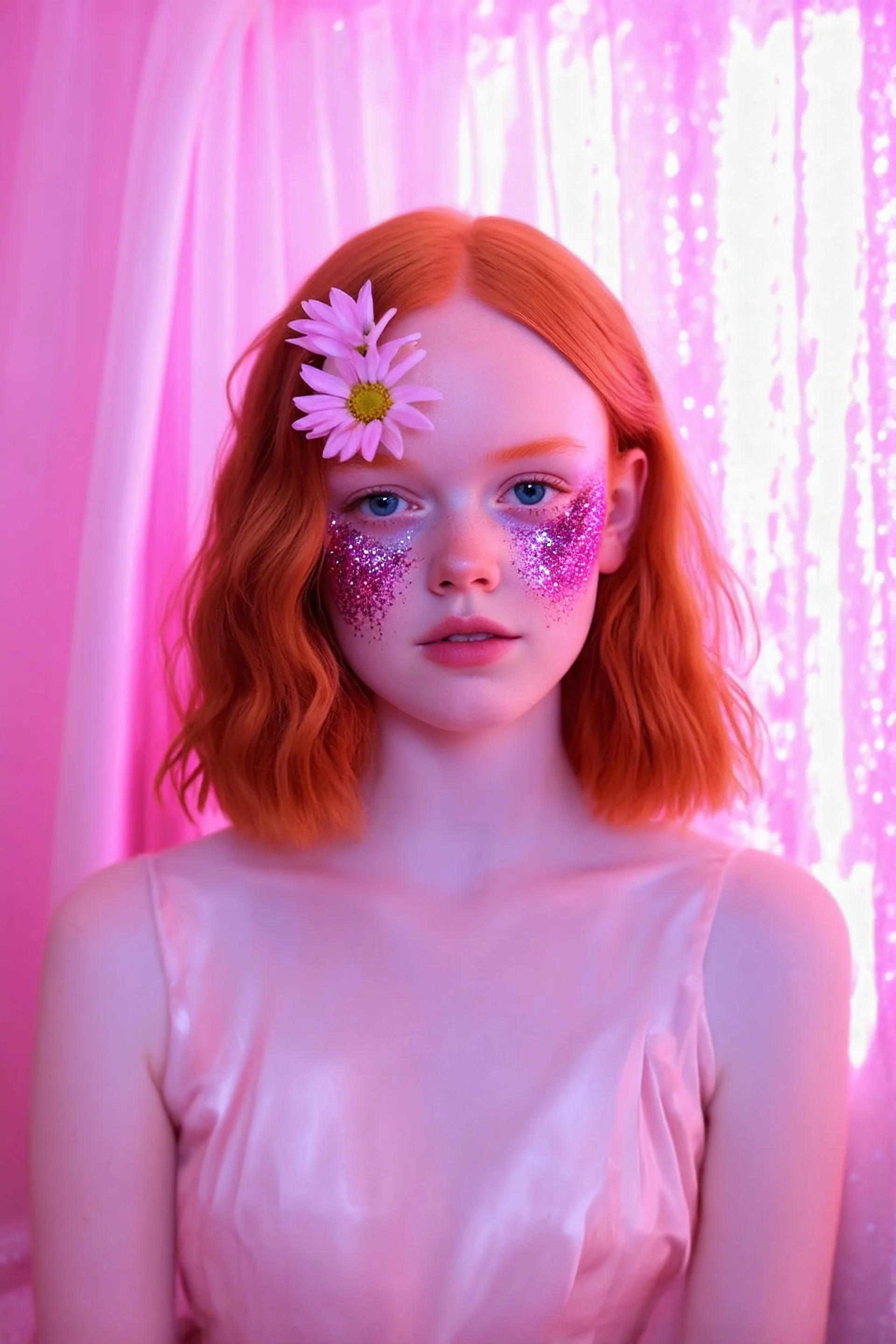 Autochrome of sadie sink, she has flowers on her face, the light is pink, à pink curtain in the background with glitter