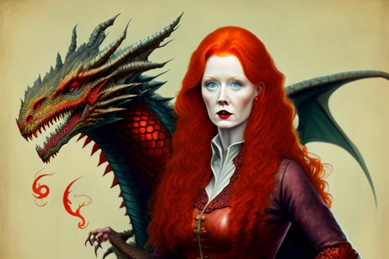 a redheaded woman with dragon features