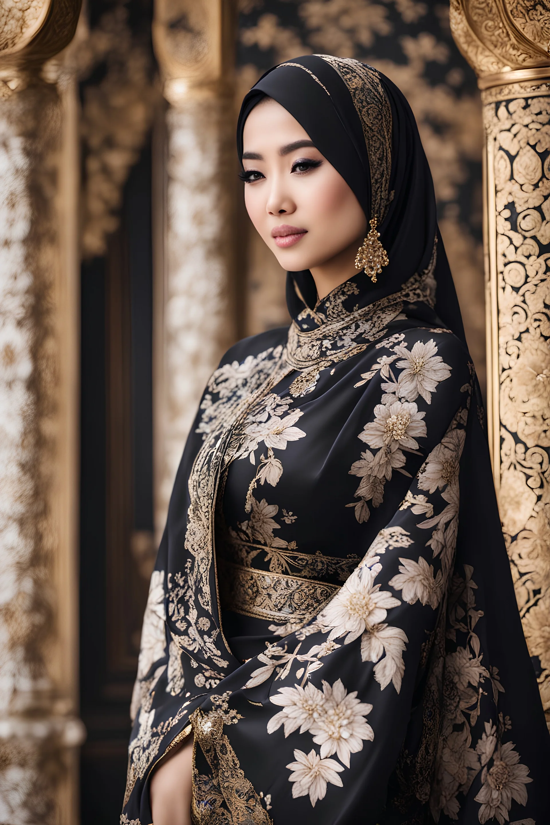 Gorgeous Realistic Photography Super model Asian as Beautiful hijab girl dressing Batik pattern flowers gown luxury black and jewelry,luxury palace background, close-up portrait
