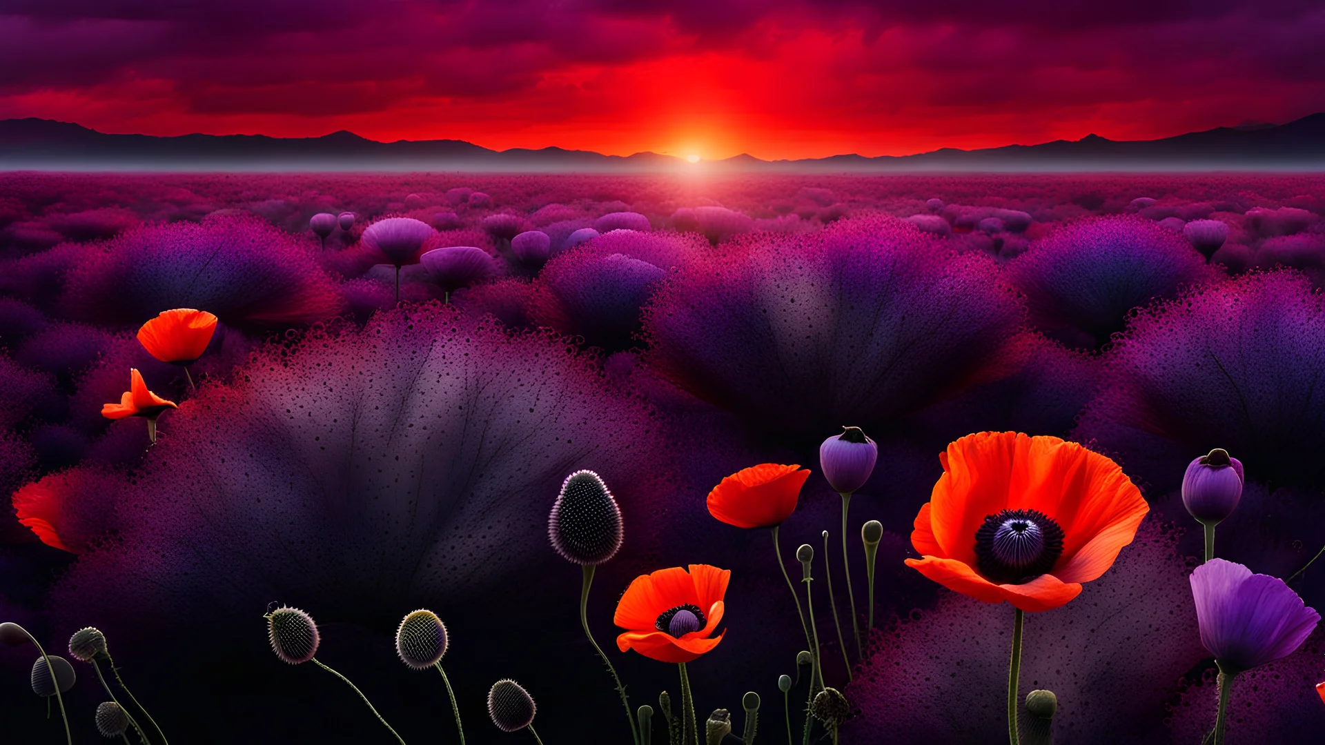 black poppy seed , purple poppy flower in the bloody sunset, on alien land, weird, surreal, complementer colors, fog, shadows, dead world, high detailed, far above on the dark sky is nebula