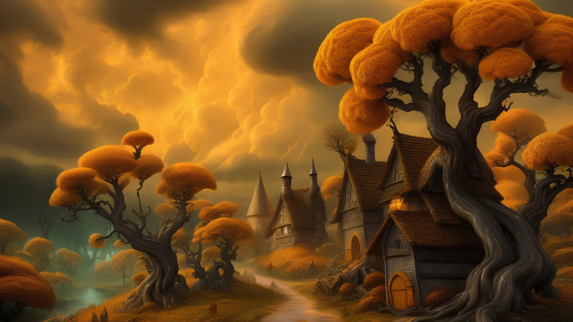 a faraway fairy tale village, orange, yellow, where the trees twisted like gnarled fingers and the skies brooded with stormy clouds, 8k, high quality, trending art, trending on artstation, sharp focus, studio photo, intricate details, highly detailed, by tim burton