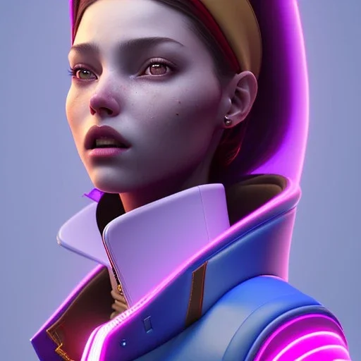 Spanish woman, rounded face, purpurin made up, red, blue, pink, cold, latex coat, leather, piercing, soft color, highly detailed, art stations, concept art, smooth, unreal engine 5, god rays, ray tracing, RTX, lumen lighting, ultra detail, volumetric lighting, 3d, finely drawn, high definition, high resolution, neon background.