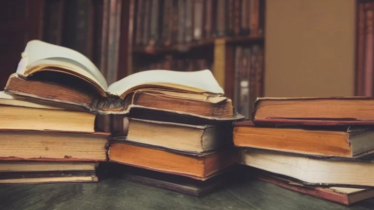 old books on the table in the hall