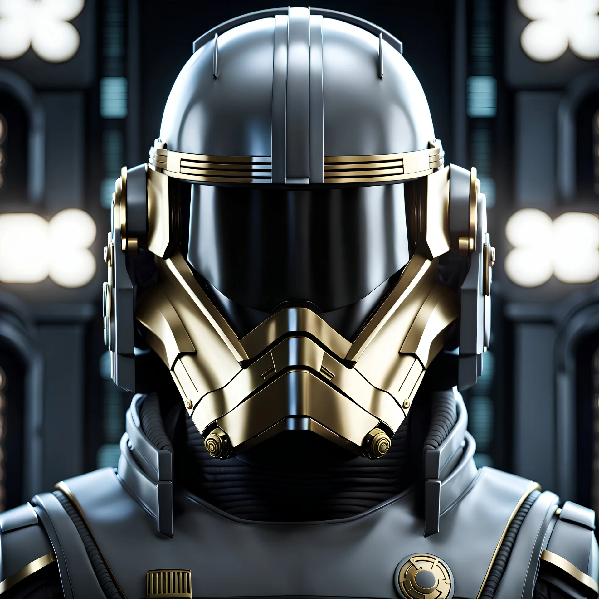 star wars bald male corellian pilot wearing pearlescent black and gunmetal grey First Order special forces heavy assault armor and helmet with gold trim inside the jedi temple, centered portrait, hyperdetailed, dynamic lighting, hyperdetailed background, 8k resolution, volumetric lighting, light skin, fully symmetric details