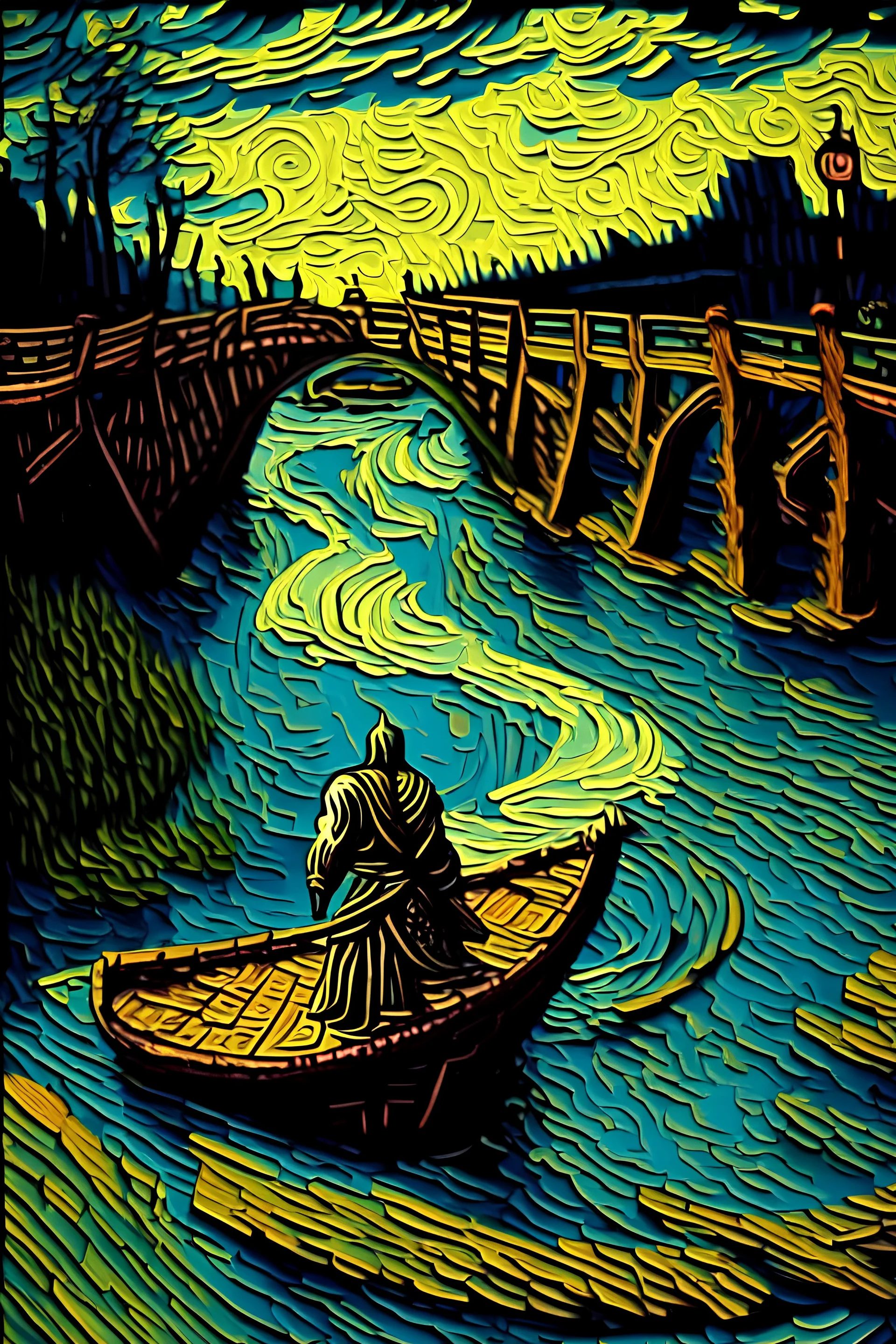 Make an image in Van Gogh style of Lord Ram's river crossing