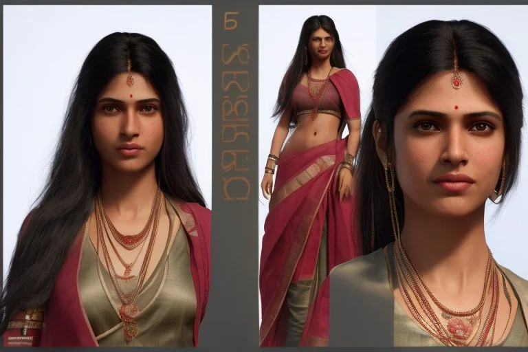 Indian Female character 19 years full anatomy Proportions of the character the head-to-body ratio . Front, Side, and Back Views: Provide multiple views of the character, including front, side, and back mode sheet .stylized animation character 8k Art station.