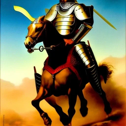 portrait of a Warrior wearing plate armor riding a horse with a sword boris vallejo Style