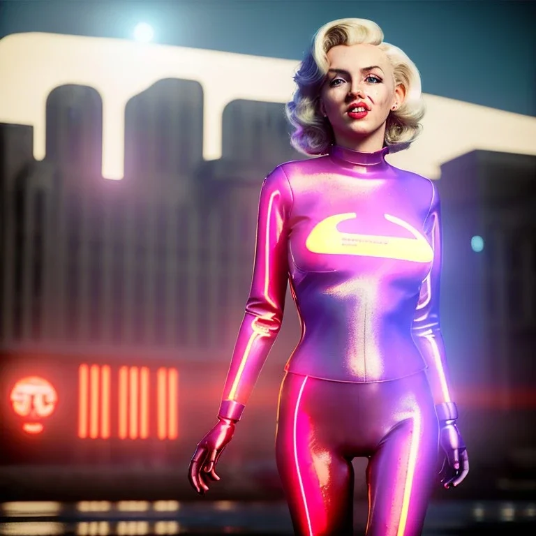 Realistic movie image, retro sci-fi, portrait, blonde action woman, sweet Marylin Monroe face, perfect iris, glow eyes. tight latex tights suit. City, metropoli movie style . epic style, soft color, highly detailed, unreal engine 5, ray tracing, RTX, lumen lighting, ultra detail, volumetric lighting, 3d, finely drawn, high definition, high resolution.