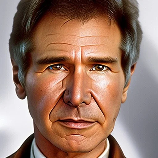 8k hyperspace background,complete and photo realistic detailed head to waist stunning, extrem photo realistic portrait of harrison ford as han solo in star wars with short lenght, Symmetrical, soft, fine, warm, photo realistic hair, brown eyes, professional majestic photo realistic painting by Greg Manchess, Antonio Moro, trending on , Intricate, Sharp focus, rough skin,space outfit