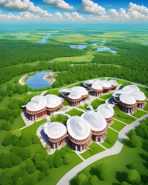 Vista aérea Escuela basada en ostras tres ostras unida por pasillos cubiertos estilo moderno arquitectura minimalista obra de arte proporción aurea pintura al óleo detallado impactante colores blanco y rojo crema niños cielo soleado nubes zonas verdes 8k