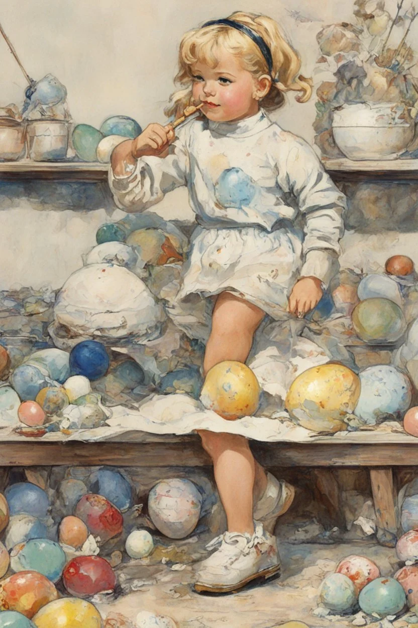 full color - a tiny little blonde girl in shorts and a turtleneck sweater coloring Easter eggs - line art by Norman Rockwell