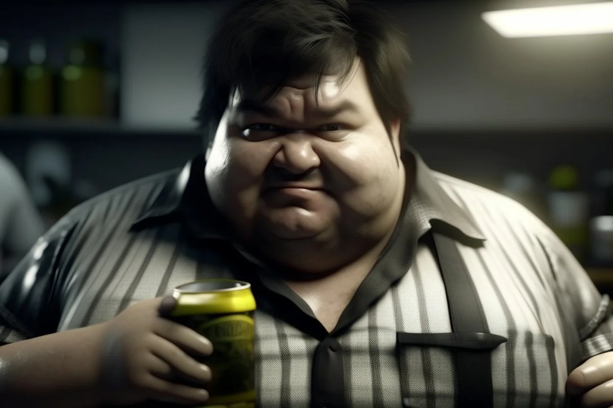 Cree l image d un agent de sécurité obese et sale. Il porte une chemise blanche tachée et boit une cannette de la marque monster. Il a des cheveux noirs hirsutes. 4k realiste. Il est très sale, il sent mauvais. Il sourit betement. Il a bu beaucoup d alcool la veille. Il est débraillé