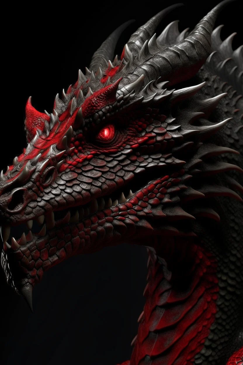 Ultra realistic photograph of dragon dark skin with red highlights dark fantasy