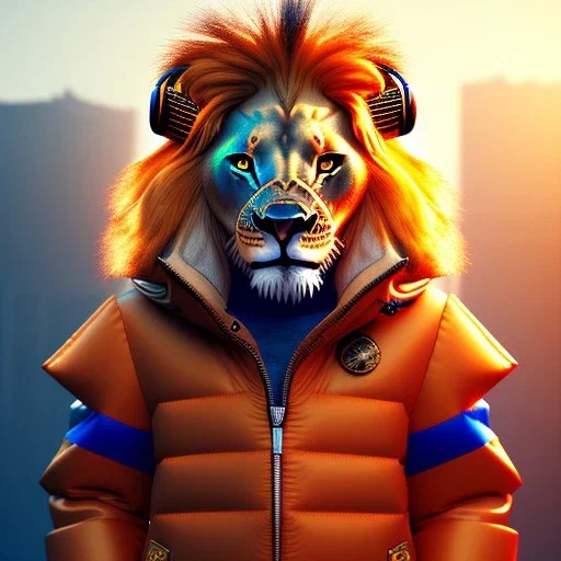 Lion toddler, smile, steampunk headphone, sunglass, gangsta neckless, full body, orange puffer jacket, tokio background, dramatic lighting, hyper realistic, unreal engine 5, 16k