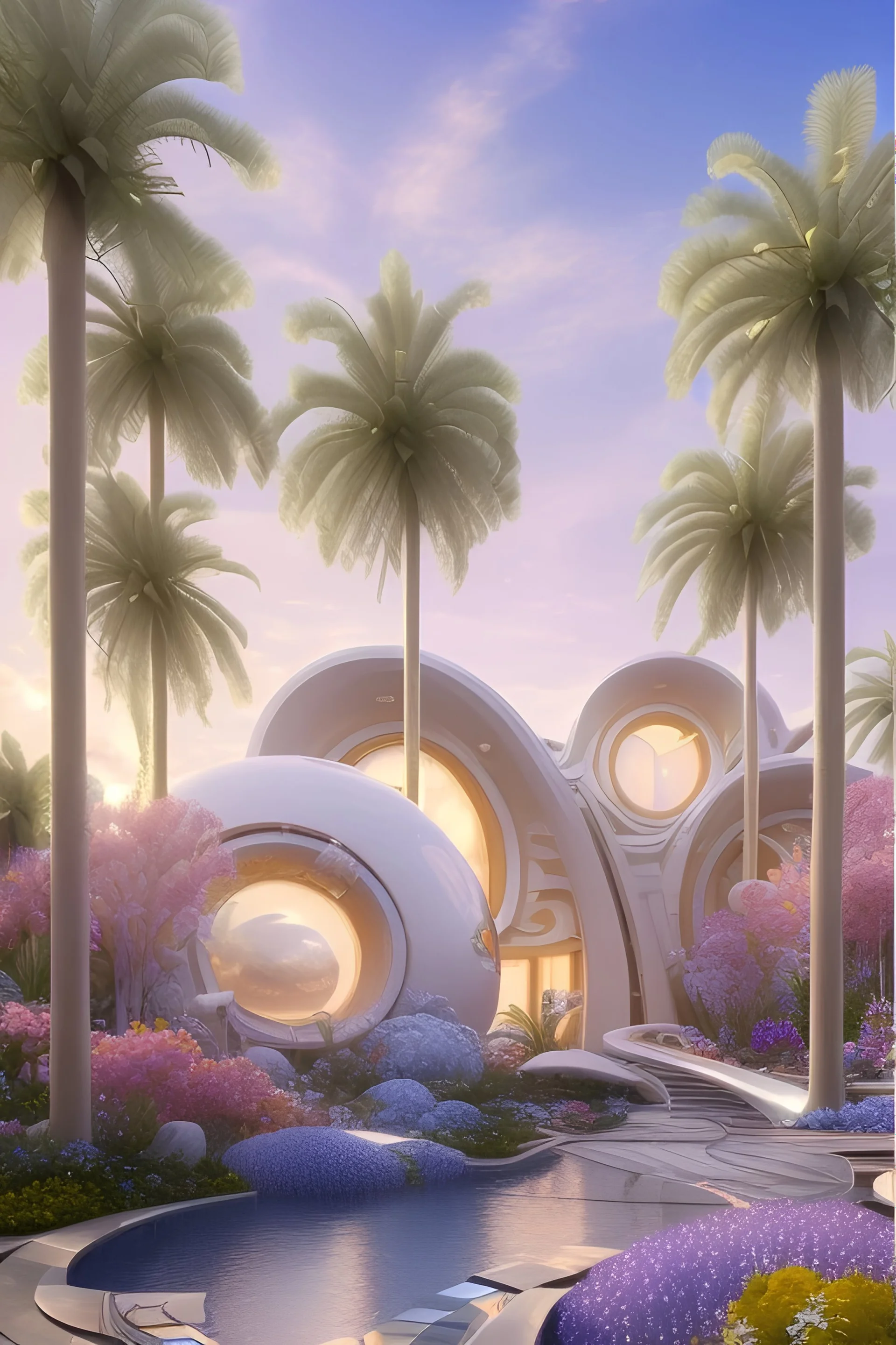 landscape of summer tropical ambient beutiful villa white gold and neon lights bright and colorful bright gloss effect of a futuristic house,like spaceship, natural round shapes concept, large transparent view of the open outdoor garden,sea beach at sunset, gold crystals,with light pink, flowers of Lotus, beutiful pools, light of sun , palmiers,cerisiers en fleurs, wisteria, sun , stars, small waterfalls