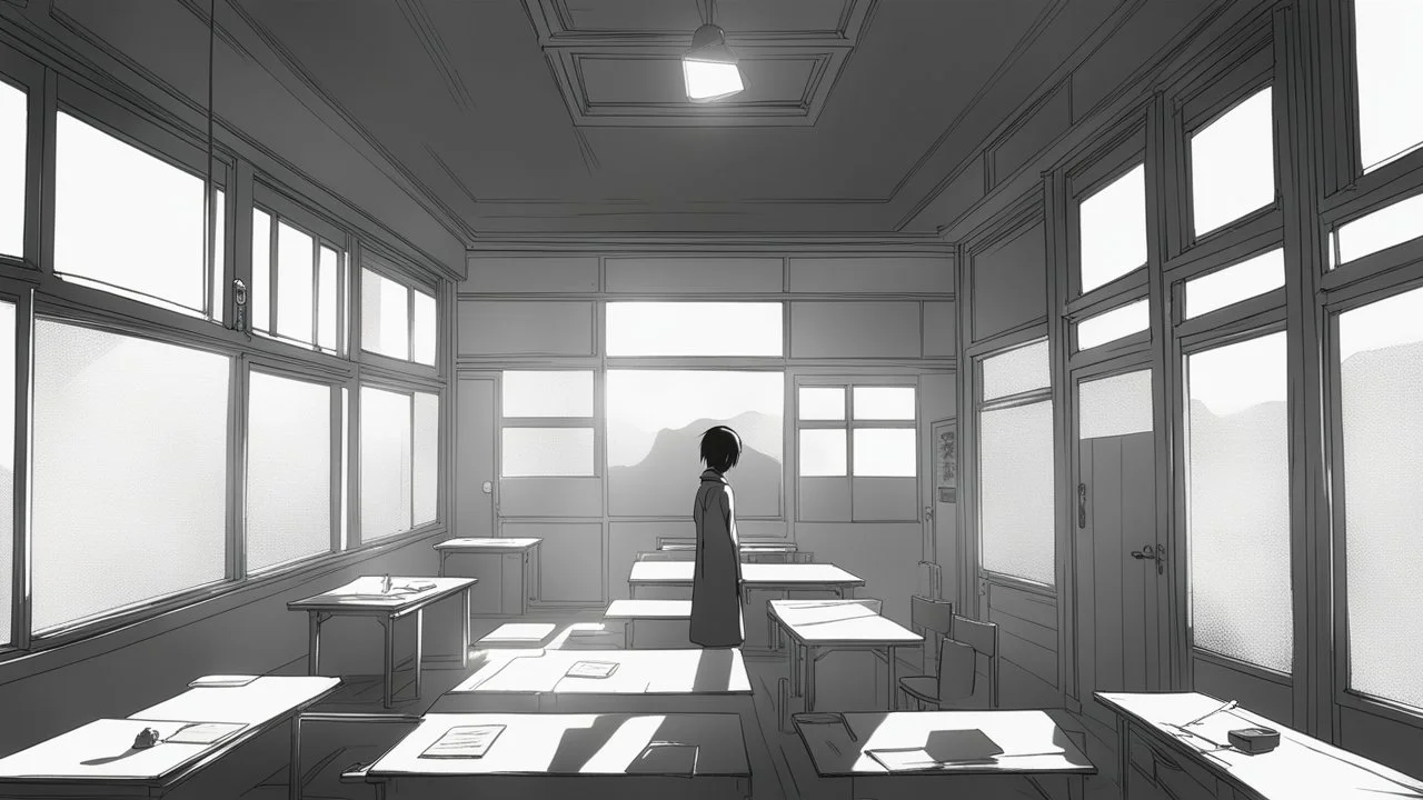 monochromatic japanese classroom with a shadowy figure looking out the window holding a transparent key emanating glow that colors the surroundings, anime