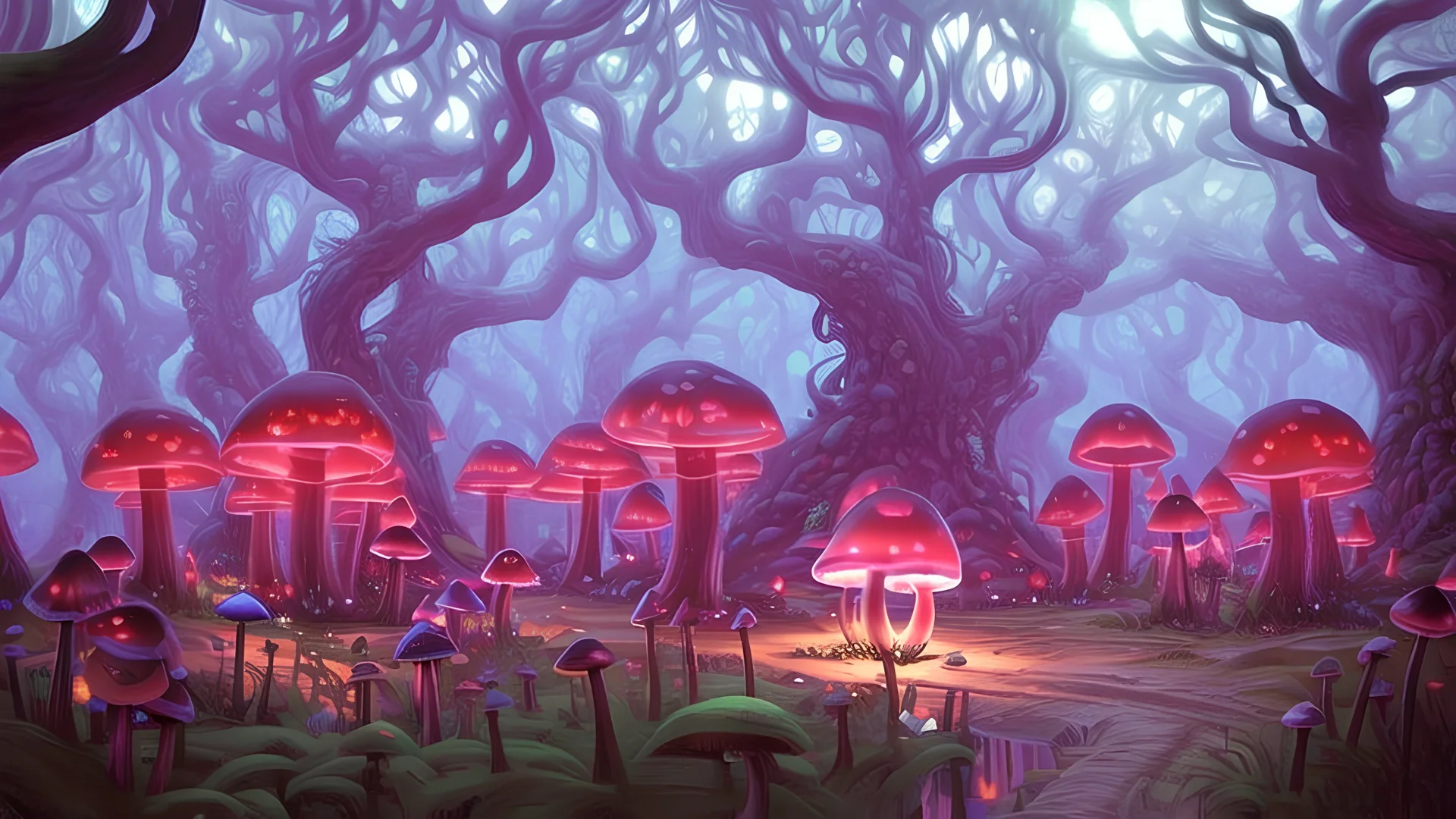 fantasy forest with alot of decorations, glowing mushrooms, village