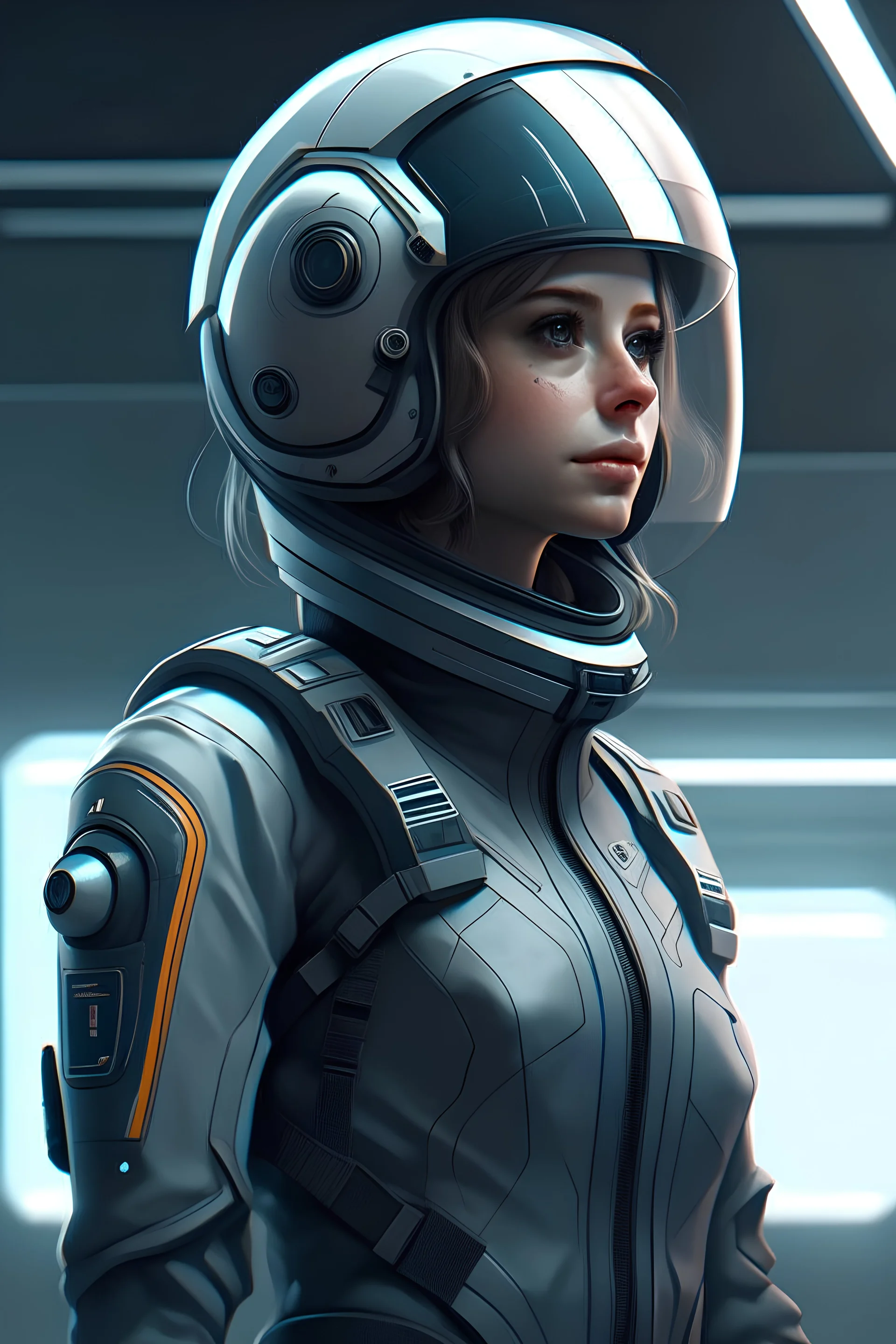 A DIGITAL ART portrait of a sci-fi pilot woman. She is 30 years old. She has a pilot helmet. She is reckless. She has got dreams. Her eyes are beautiful and bright. Grey. whole body standing across room