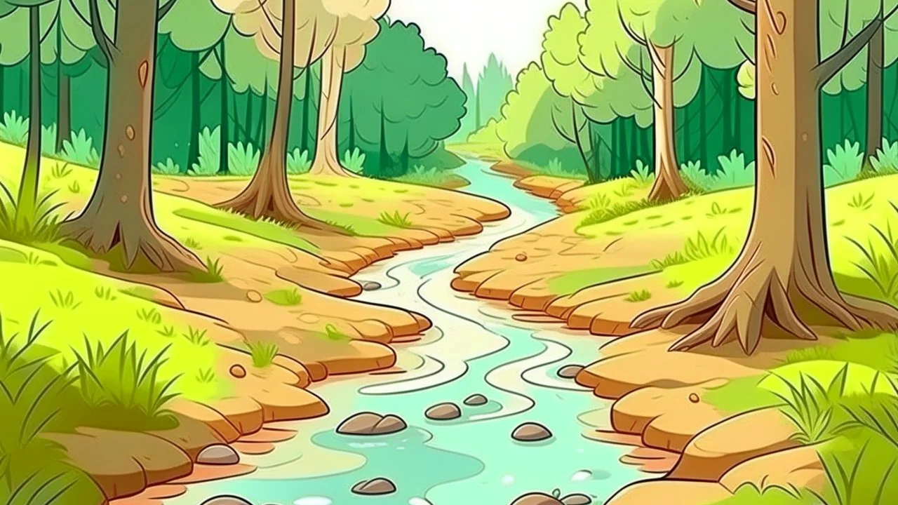 Cartoon style Forest with trees, muddy footprints on the path near a creek